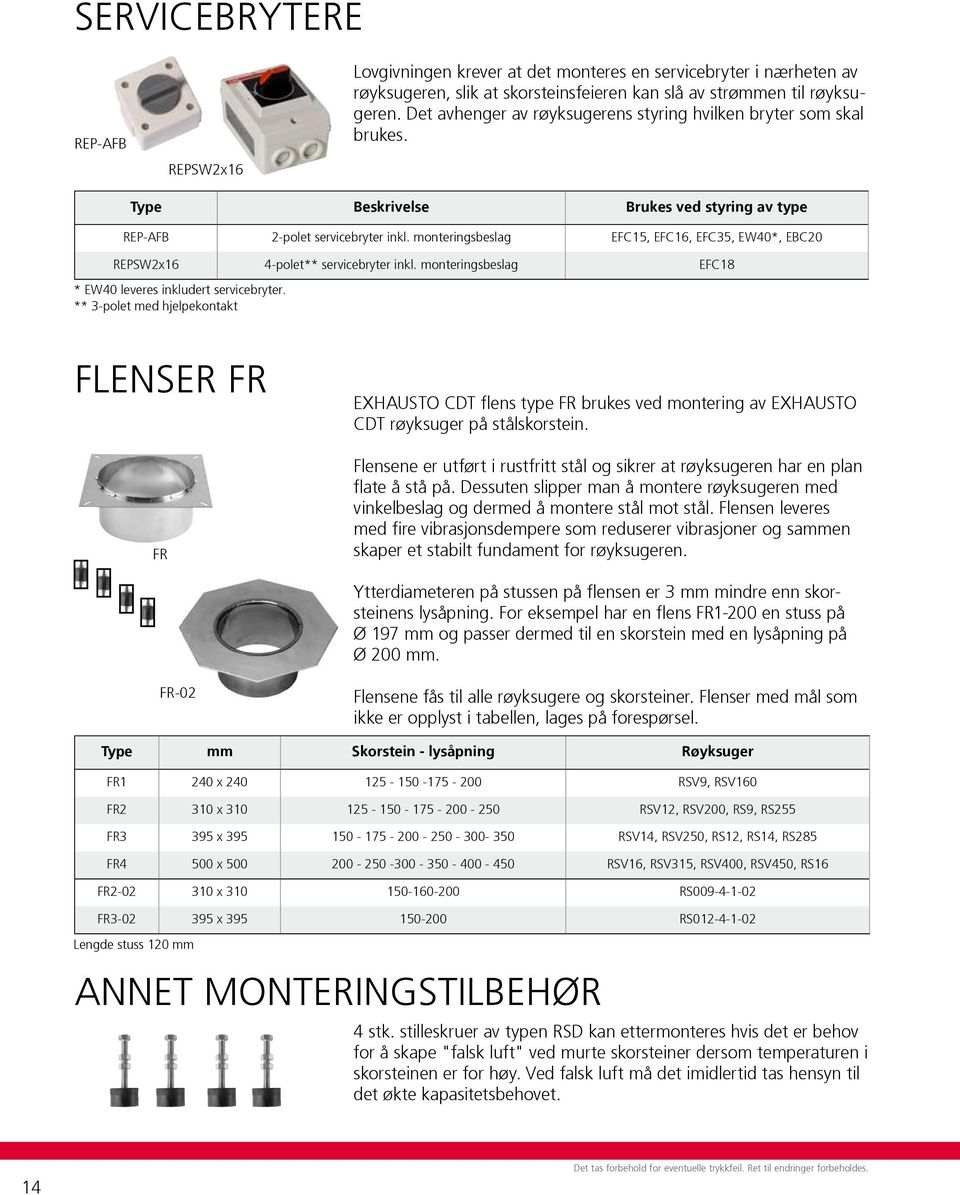 monteringsbeslag EFC5, EFC6, EFC5, EW40*, EBC0 REPSWx6 4-polet** servicebryter inkl. monteringsbeslag EFC8 * EW40 leveres inkludert servicebryter.