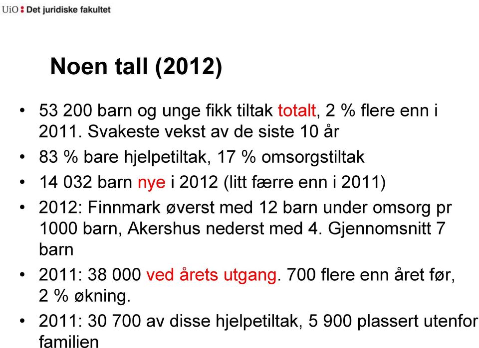 enn i 2011) 2012: Finnmark øverst med 12 barn under omsorg pr 1000 barn, Akershus nederst med 4.