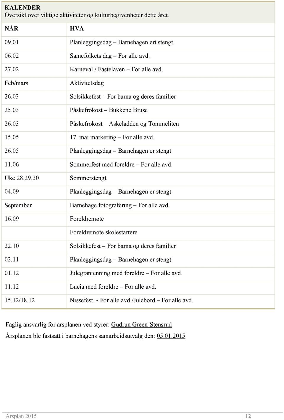 mai markering For alle avd. 26.05 Planleggingsdag Barnehagen er stengt 11.06 Sommerfest med foreldre For alle avd. Uke 28,29,30 Sommerstengt 04.