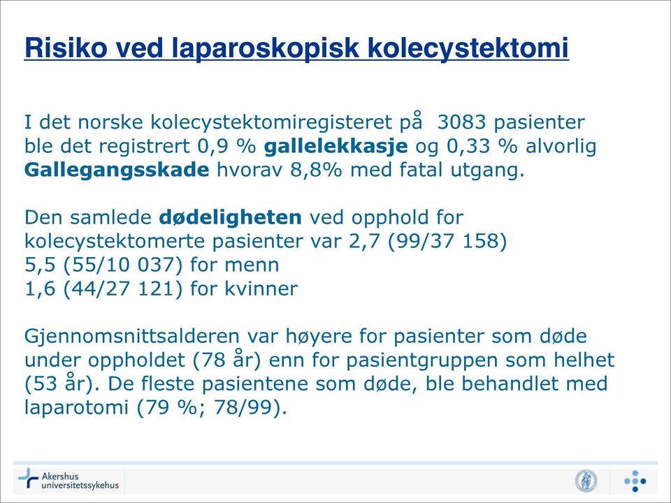 Den samlede dødeligheten ved opphold for kolecystektomerte pasienter var 2,7 (99/37 158) 5,5 (55/10 037) for menn 1,6 (44/27 121) for