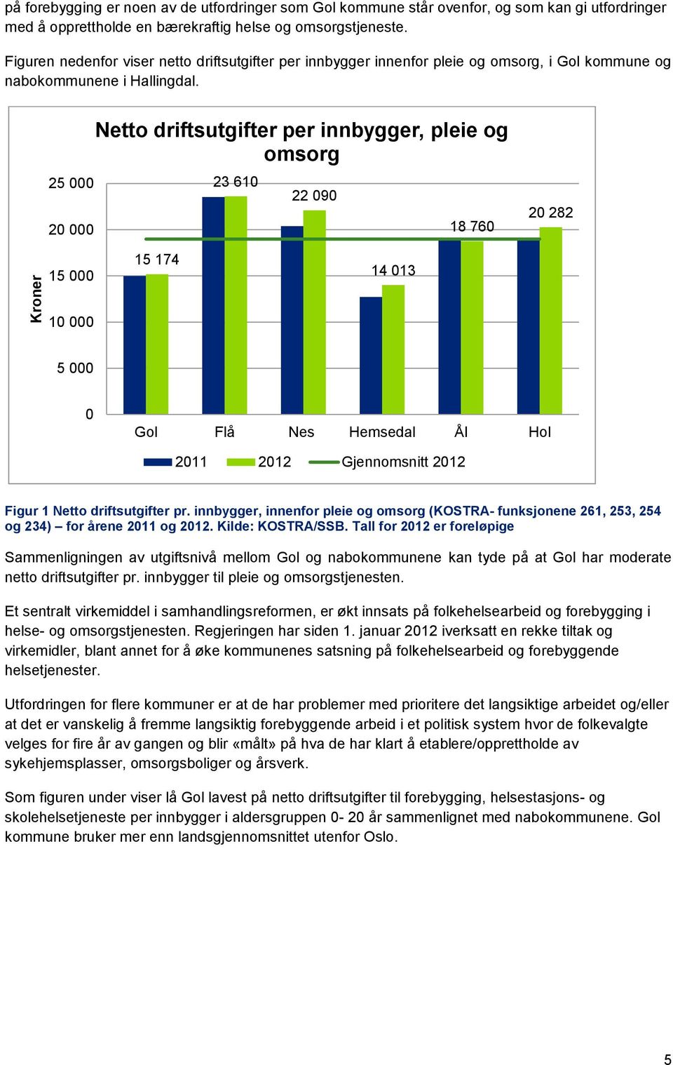 25 000 20 000 Netto driftsutgifter per innbygger, pleie og omsorg 23 610 22 090 18 760 20 282 15 000 15 174 14 013 10 000 5 000 0 Gol Flå Nes Hemsedal Ål Hol 2011 2012 Gjennomsnitt 2012 Figur 1 Netto