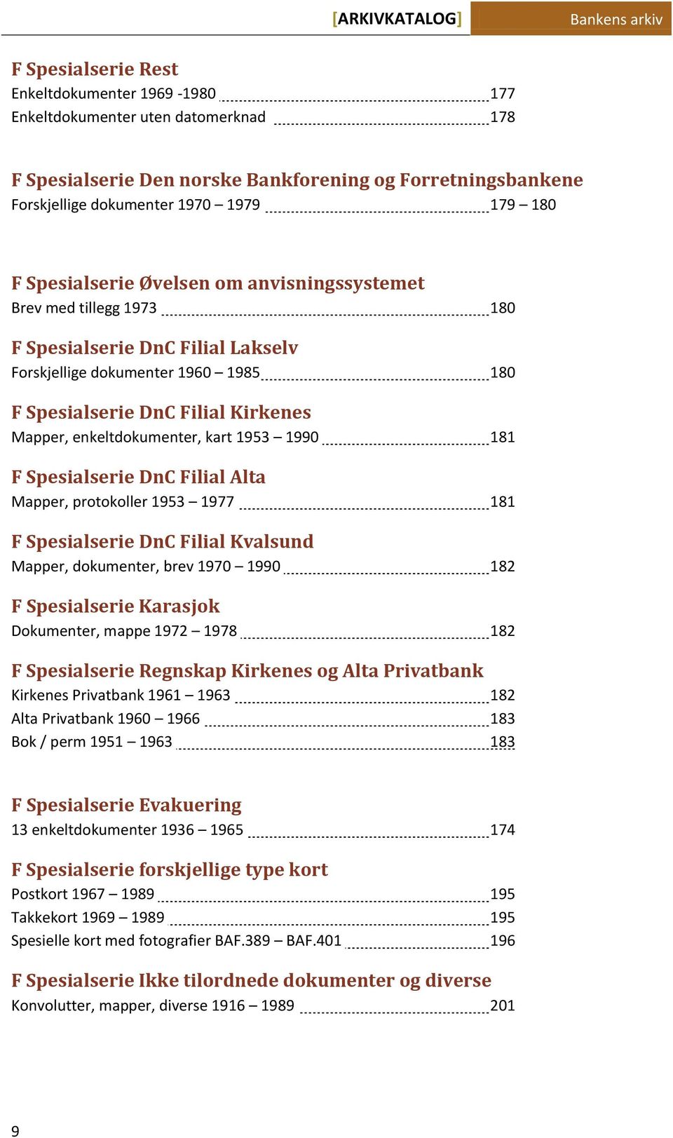 enkeltdokumenter, kart 1953 1990 181 F Spesialserie DnC Filial Alta Mapper, protokoller 1953 1977 181 F Spesialserie DnC Filial Kvalsund Mapper, dokumenter, brev 1970 1990 182 F Spesialserie Karasjok