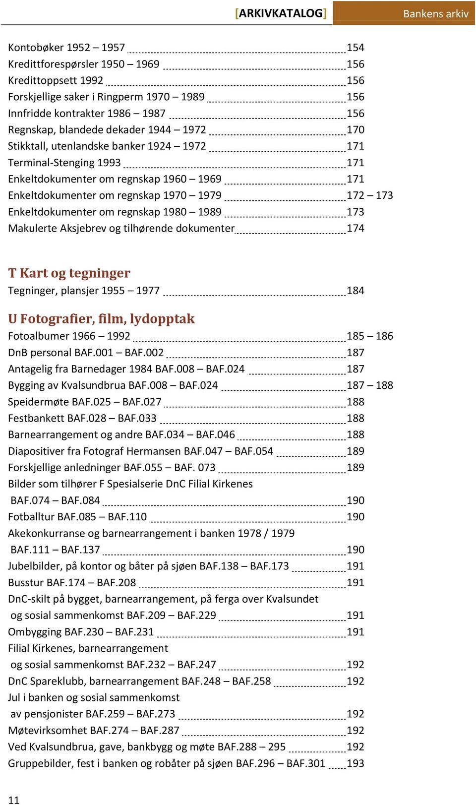 1989 173 Makulerte Aksjebrev og tilhørende dokumenter 174 T Kart og tegninger Tegninger, plansjer 1955 1977 184 U Fotografier, film, lydopptak Fotoalbumer 1966 1992 185 186 DnB personal BAF.001 BAF.