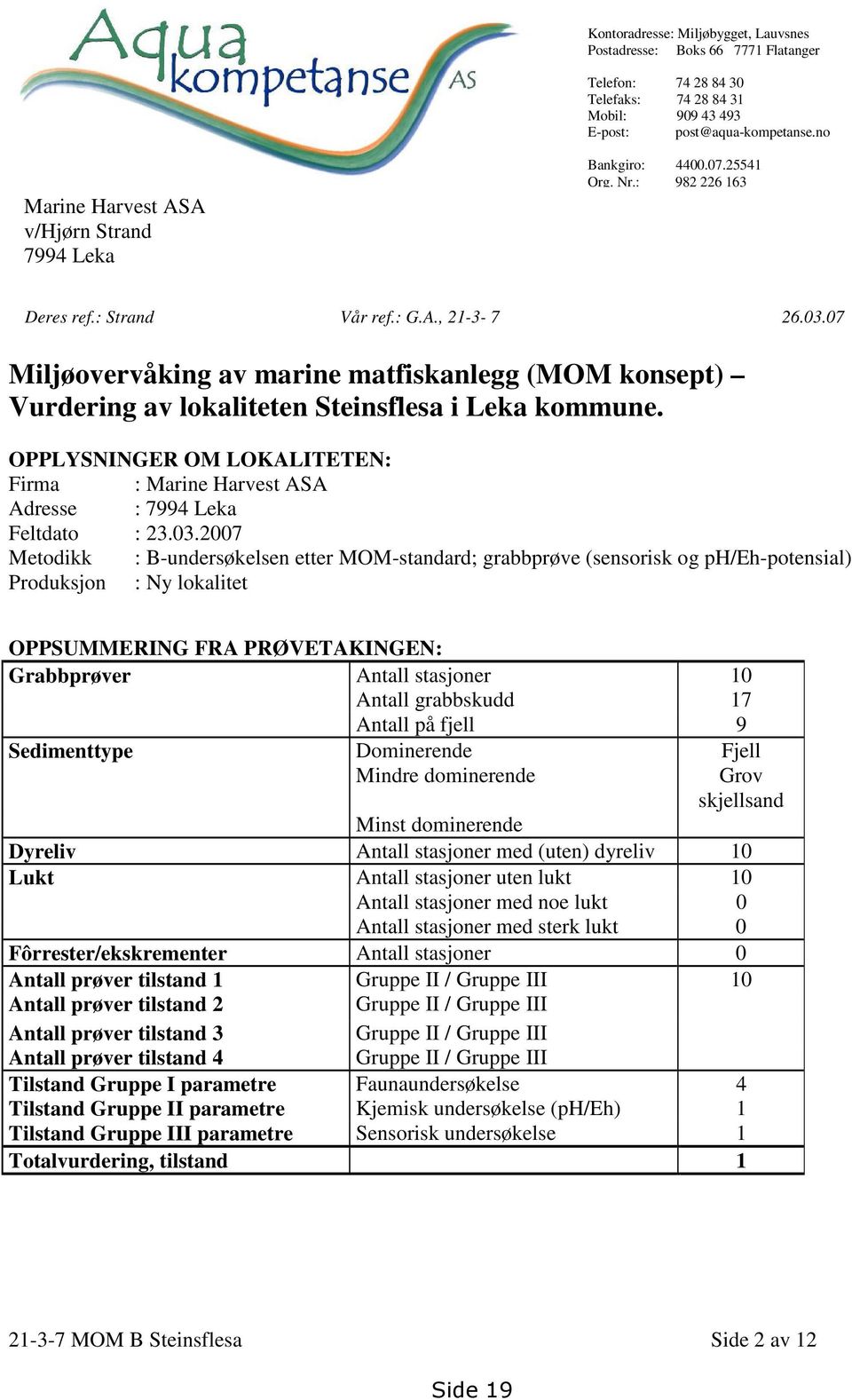 07 Miljøovervåking av marine matfiskanlegg (MOM konsept) Vurdering av lokaliteten Steinsflesa i Leka kommune. OPPLYSNINGER OM LOKALITETEN: Firma : Marine Harvest ASA Adresse : 7994 Leka Feltdato : 23.