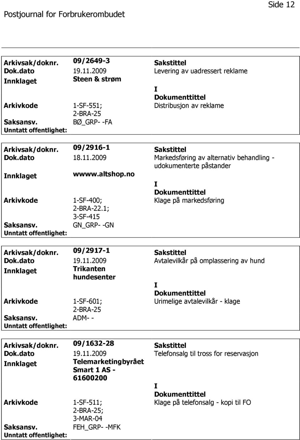 1; 3-SF-415 GN_GRP- -GN Klage på markedsføring Arkivsak/doknr. 09/2917-1 Sakstittel Dok.dato 19.11.