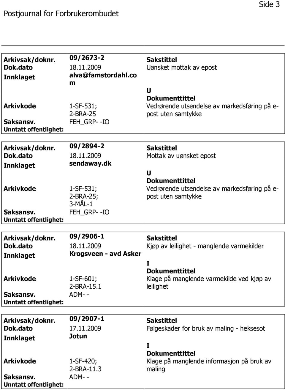 dk 1-SF-531; 2-BRA-25; 3-MÅL-1 Vedrørende utsendelse av markedsføring på e- post uten samtykke FEH_GRP- -O Arkivsak/doknr. 09/2906-1 Sakstittel Dok.dato 18.11.