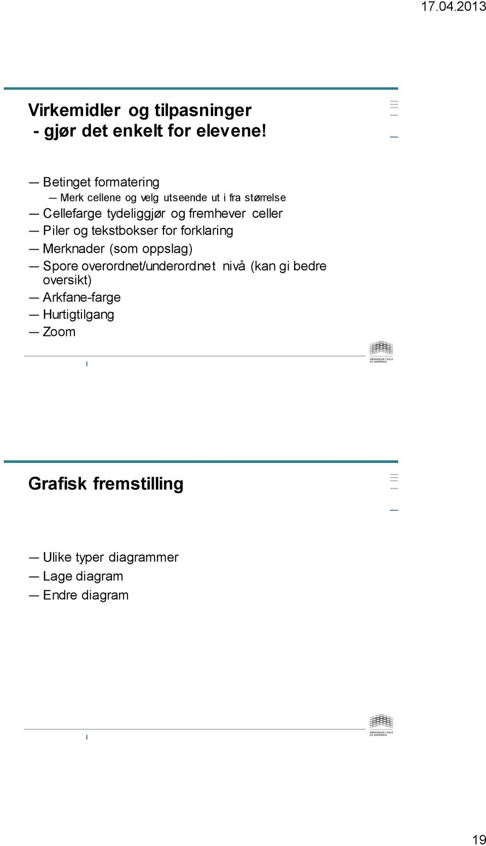 fremhever celler Piler og tekstbokser for forklaring Merknader (som oppslag) Spore