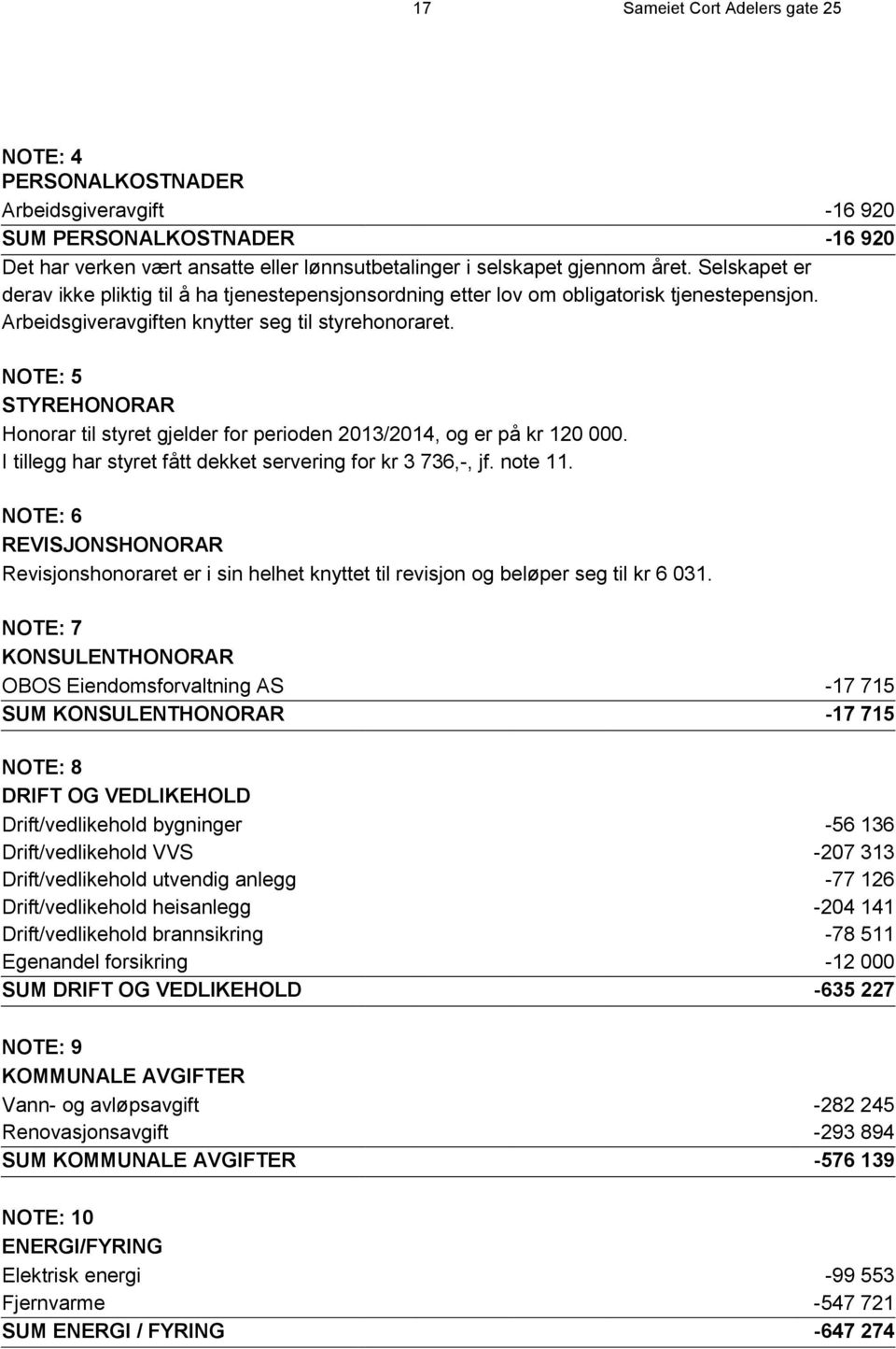 NOTE: 5 STYREHONORAR Honorar til styret gjelder for perioden 2013/2014, og er på kr 120 000. I tillegg har styret fått dekket servering for kr 3 736,-, jf. note 11.