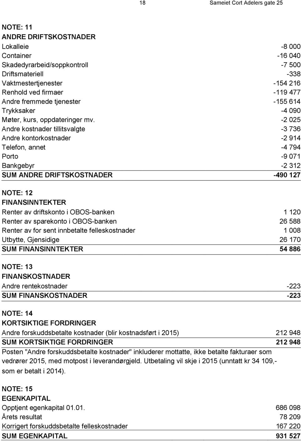 -2 025 Andre kostnader tillitsvalgte -3 736 Andre kontorkostnader -2 914 Telefon, annet -4 794 Porto -9 071 Bankgebyr -2 312 SUM ANDRE DRIFTSKOSTNADER -490 127 NOTE: 12 FINANSINNTEKTER Renter av