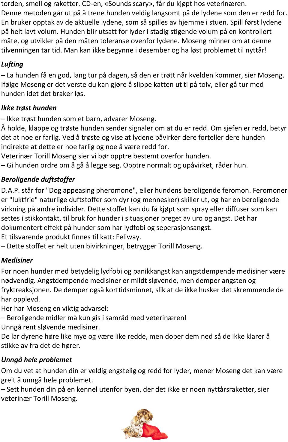 Hunden blir utsatt for lyder i stadig stigende volum på en kontrollert måte, og utvikler på den måten toleranse ovenfor lydene. Moseng minner om at denne tilvenningen tar tid.