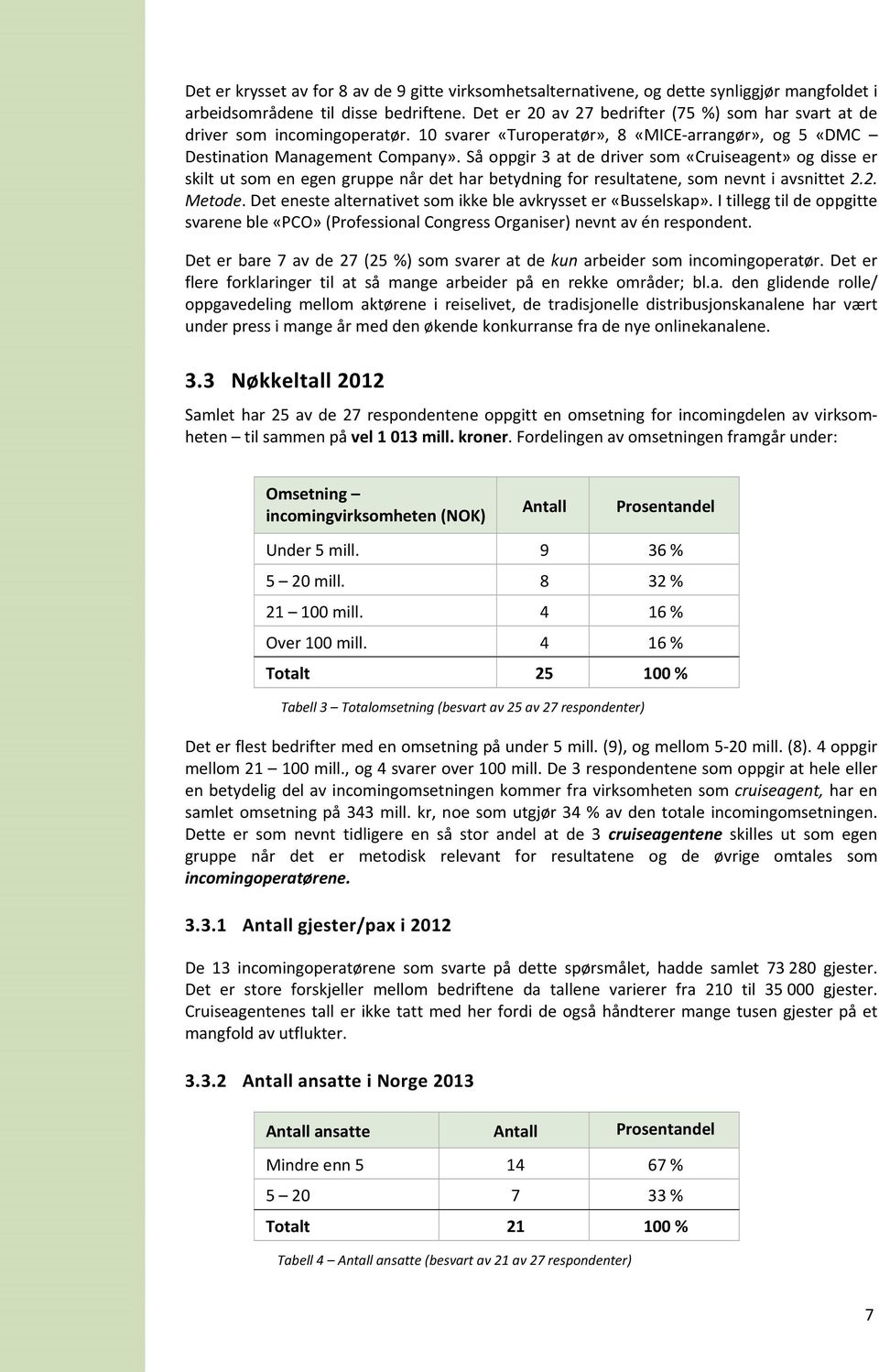 Så oppgir 3 at de driver som «Cruiseagent» og disse er skilt ut som en egen gruppe når det har betydning for resultatene, som nevnt i avsnittet 2.2. Metode.