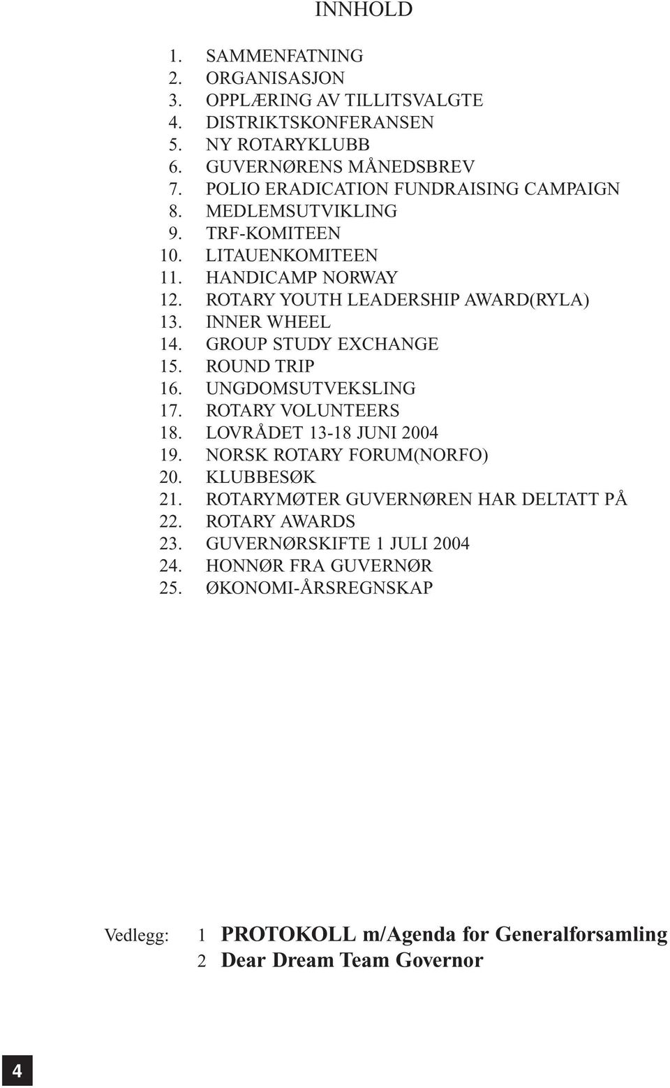INNER WHEEL 14. GROUP STUDY EXCHANGE 15. ROUND TRIP 16. UNGDOMSUTVEKSLING 17. ROTARY VOLUNTEERS 18. LOVRÅDET 13-18 JUNI 2004 19. NORSK ROTARY FORUM(NORFO) 20. KLUBBESØK 21.