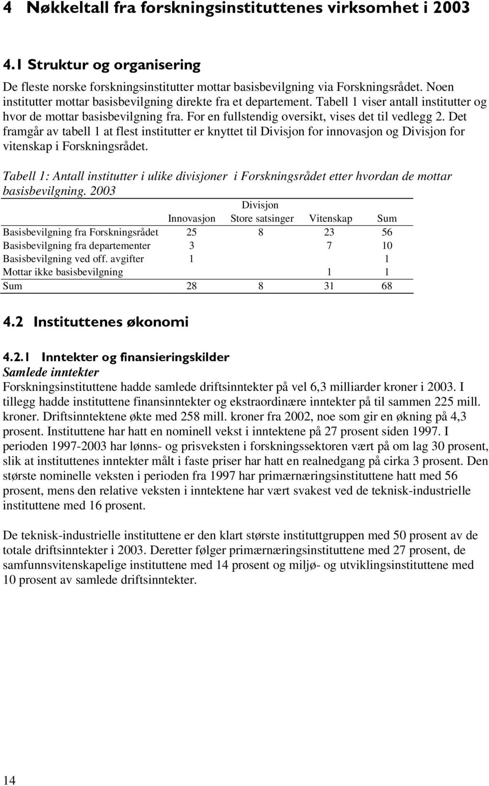 Det framgår av tabell 1 at flest institutter er knyttet til Divisjon for innovasjon og Divisjon for vitenskap i Forskningsrådet.