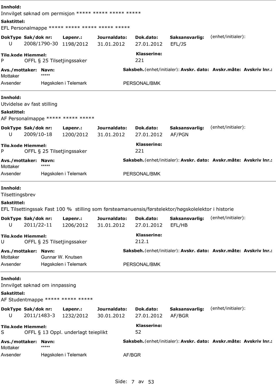 01.2012 EFL/HB OFFL 25 Tilsetjingssaker Mottaker Gunnar W. Knutsen 212.1 aksbeh. Avskr. dato: Avskr.måte: Avskriv lnr.