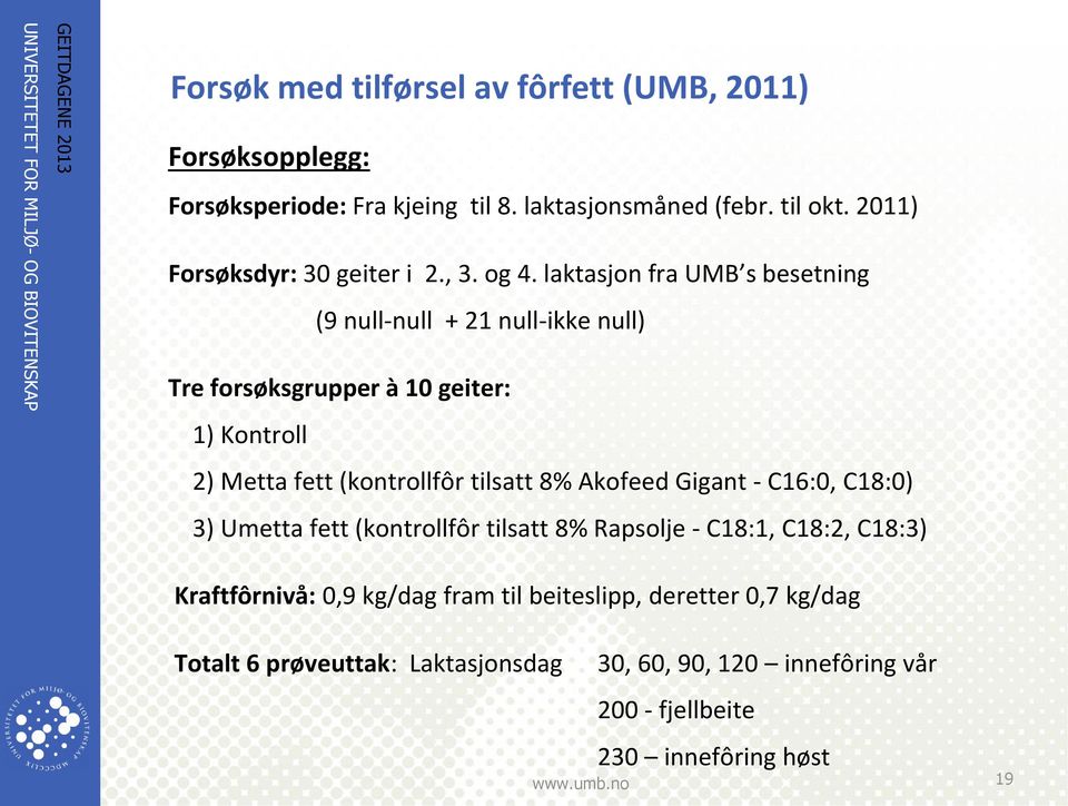 laktasjon fra UMB s besetning (9 null-null + 21 null-ikke null) Tre forsøksgrupper à 10 geiter: 1) Kontroll 2) Metta fett (kontrollfôr tilsatt 8%