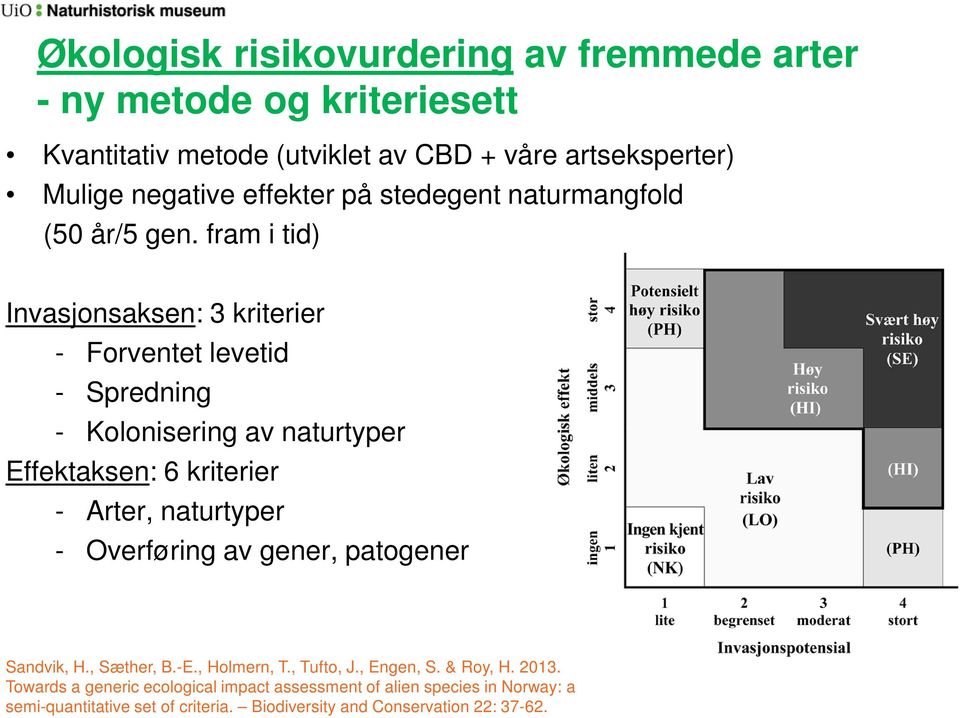 fram i tid) Invasjonsaksen: 3 kriterier - Forventet levetid - Spredning - Kolonisering av naturtyper Effektaksen: 6 kriterier - Arter, naturtyper -