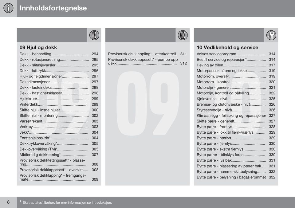 .. 303 Jekk*... 304 Førstehjelpsskrin*... 304 Dekktrykkovervåking*... 305 Dekkovervåking (TM)*... 305 Midlertidig dekktetning*... 307 Provisorisk dekktettingssett* - plassering.