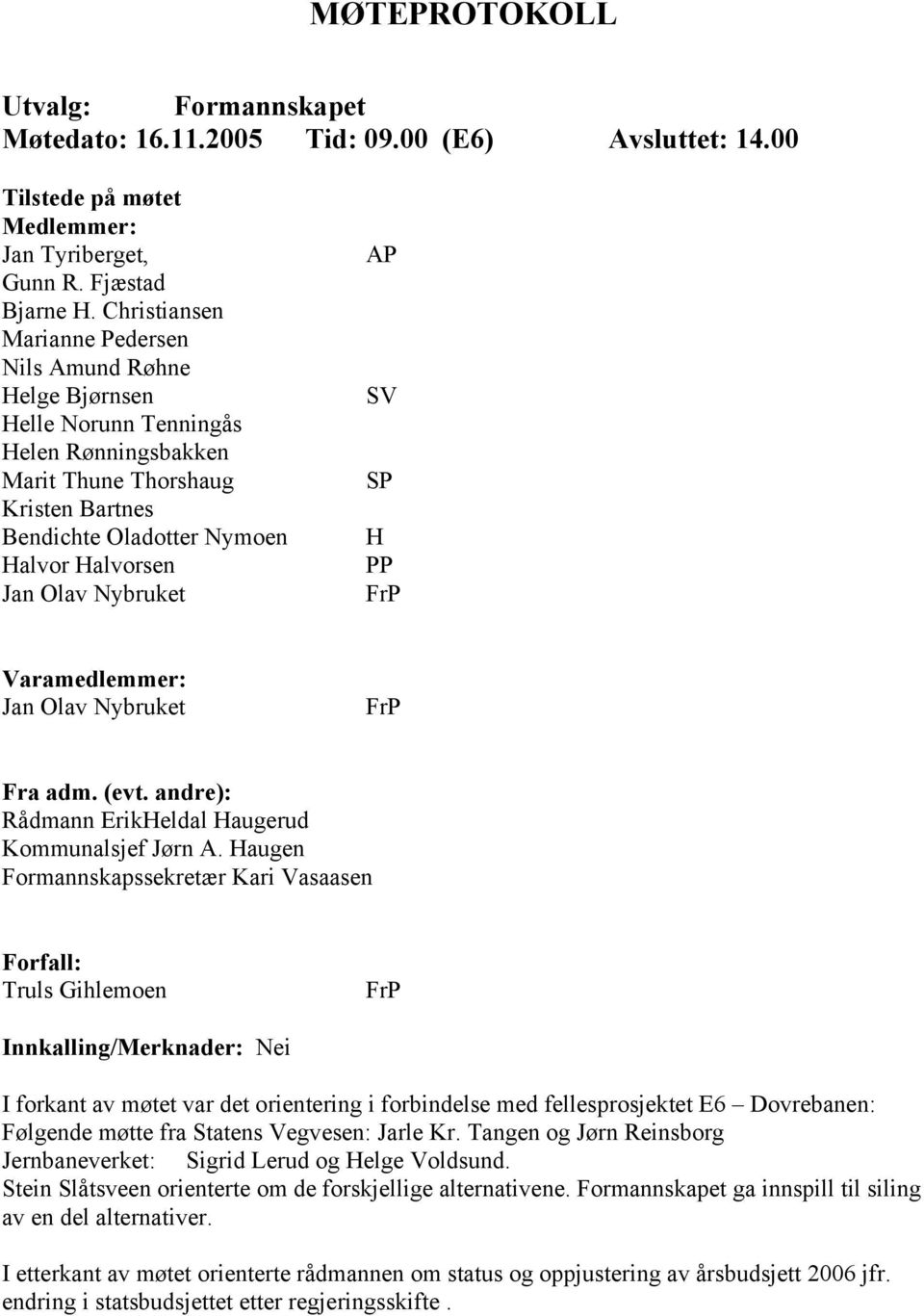 Nybruket AP SV SP H PP Varamedlemmer: Jan Olav Nybruket Fra adm. (evt. andre): Rådmann ErikHeldal Haugerud Kommunalsjef Jørn A.