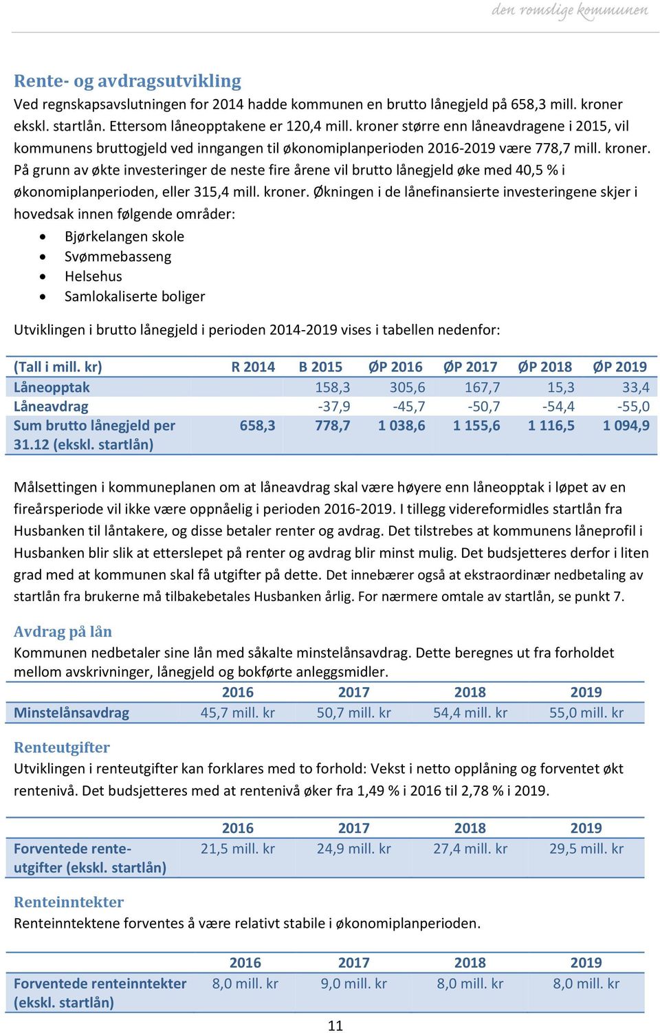 På grunn av økte investeringer de neste fire årene vil brutto lånegjeld øke med 40,5 % i økonomiplanperioden, eller 315,4 mill. kroner.