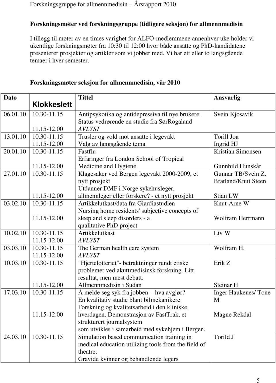 Forskningsmøter seksjon for allmennmedisin, vår 2010 Dato Klokkeslett Tittel 06.01.10 10.30-11.15 Antipsykotika og antidepressiva til nye brukere. Status vedrørende en studie fra SørRogaland 11.15-12.