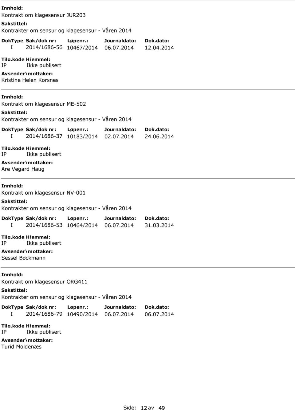 2014 nnhold: Kontrakt om klagesensur ME-502 P 2014/1686-37 10183/2014 kke publisert Are Vegard Haug 24.06.