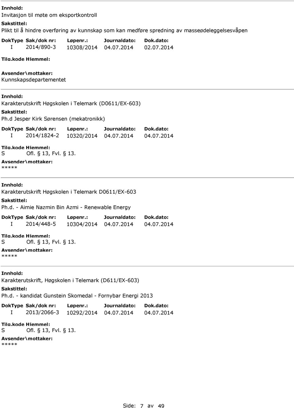 13. nnhold: Karakterutskrift Høgskolen i Telemark D0611/EX-603 Ph.d. - Aimie Nazmin Bin Azmi - Renewable Energy S 2014/448-5 10304/2014 Ofl. 13,