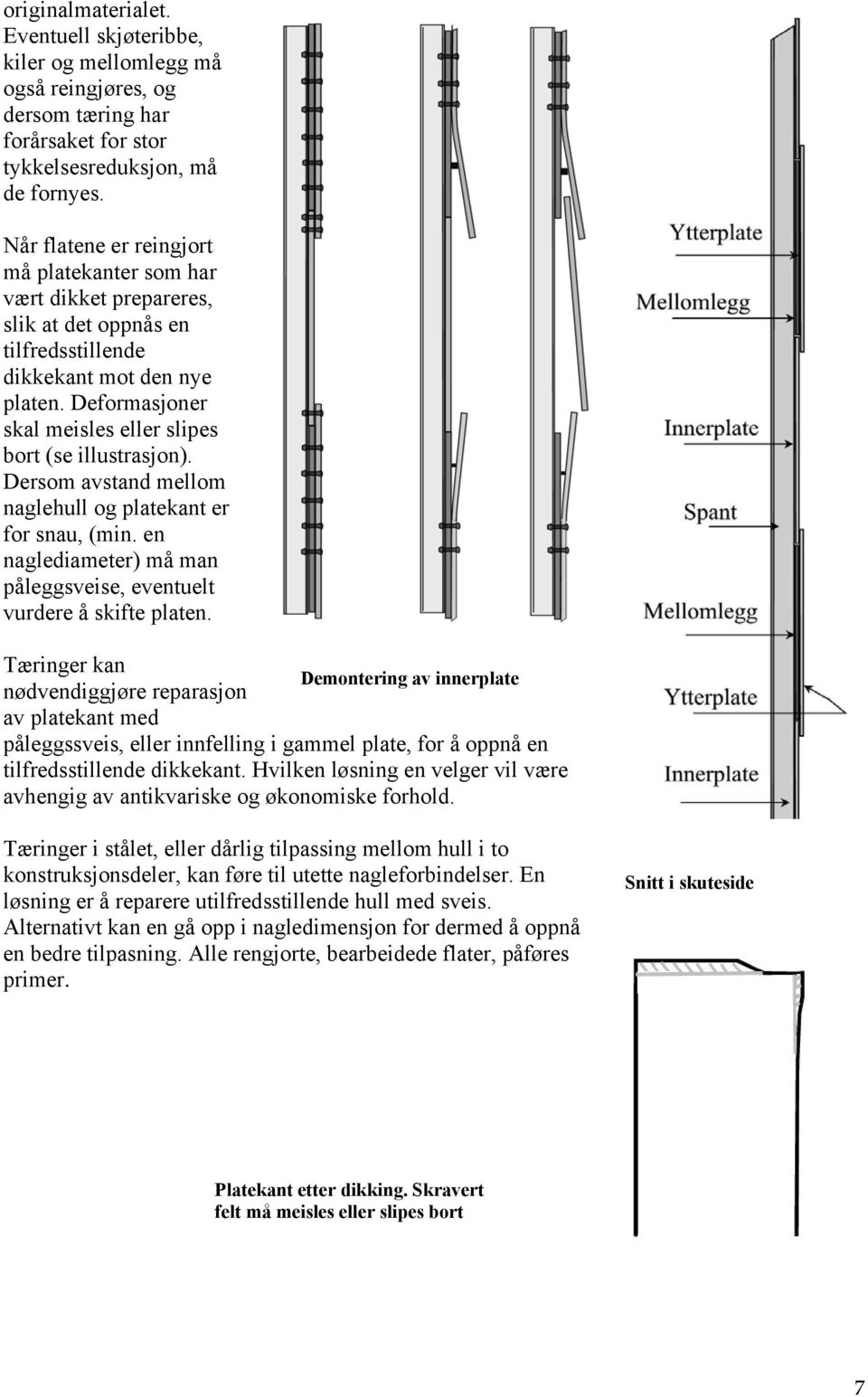 Deformasjoner skal meisles eller slipes bort (se illustrasjon). Dersom avstand mellom naglehull og platekant er for snau, (min.