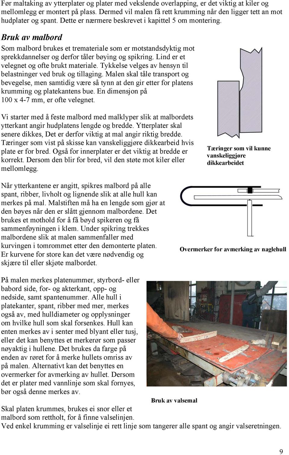 Bruk av malbord Som malbord brukes et tremateriale som er motstandsdyktig mot sprekkdannelser og derfor tåler bøying og spikring. Lind er et velegnet og ofte brukt materiale.