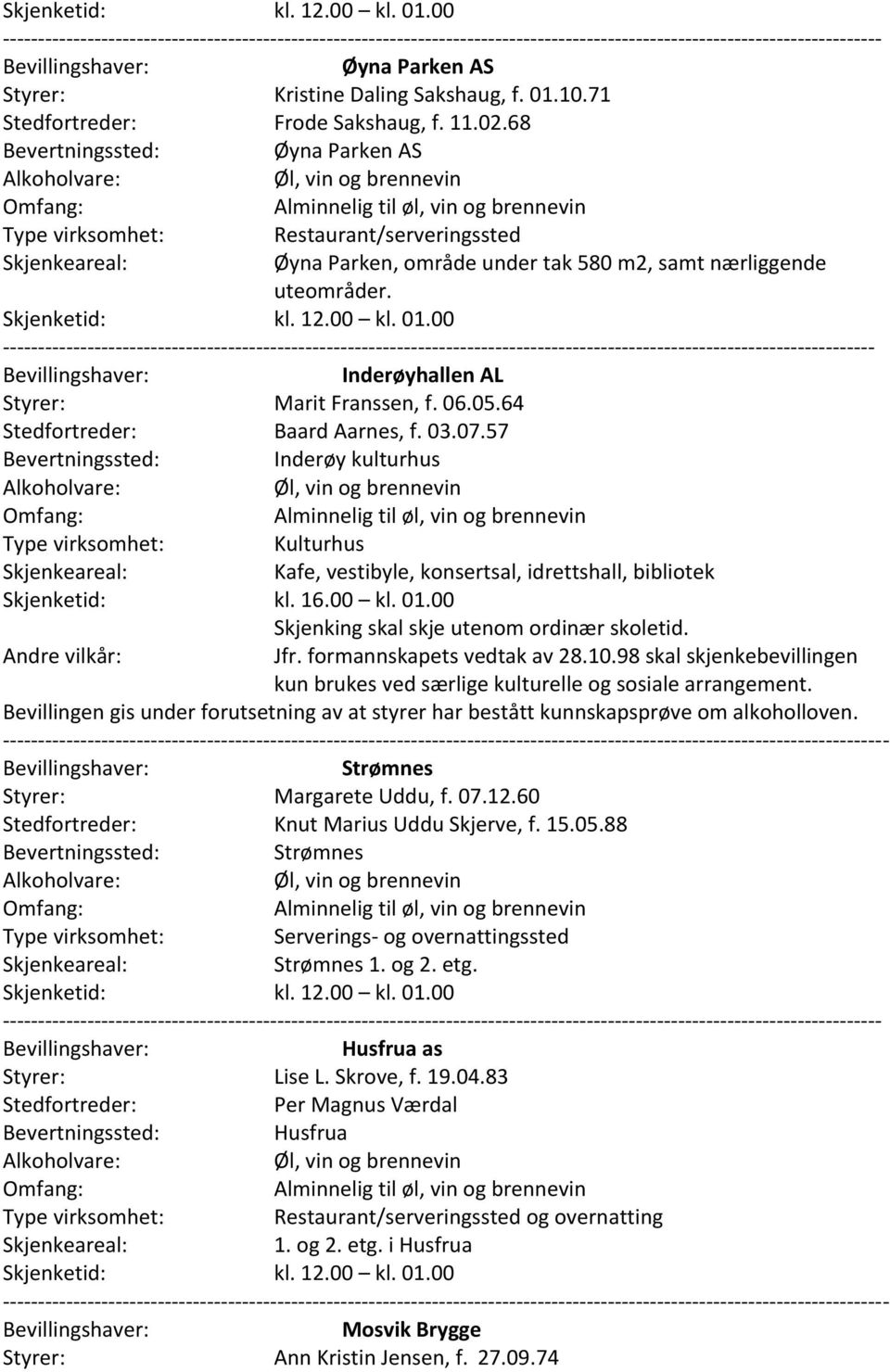 71 Stedfortreder: Frode Sakshaug, f. 11.02.68 Øyna Parken AS Restaurant/serveringssted Øyna Parken, område under tak 580 m2, samt nærliggende uteområder.