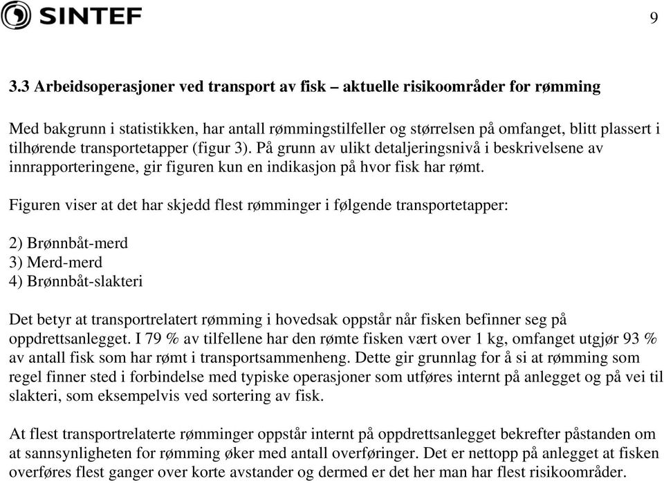 Figuren viser at det har skjedd flest rømminger i følgende transportetapper: 2) Brønnbåt-merd 3) Merd-merd 4) Brønnbåt-slakteri Det betyr at transportrelatert rømming i hovedsak oppstår når fisken