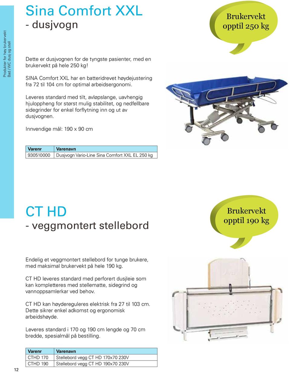 opptil 250 kg Leveres standard med tilt, avløpslange, uavhengig hjuloppheng for størst mulig stabilitet, og nedfellbare sidegrinder for enkel forflytning inn og ut av dusjvognen.