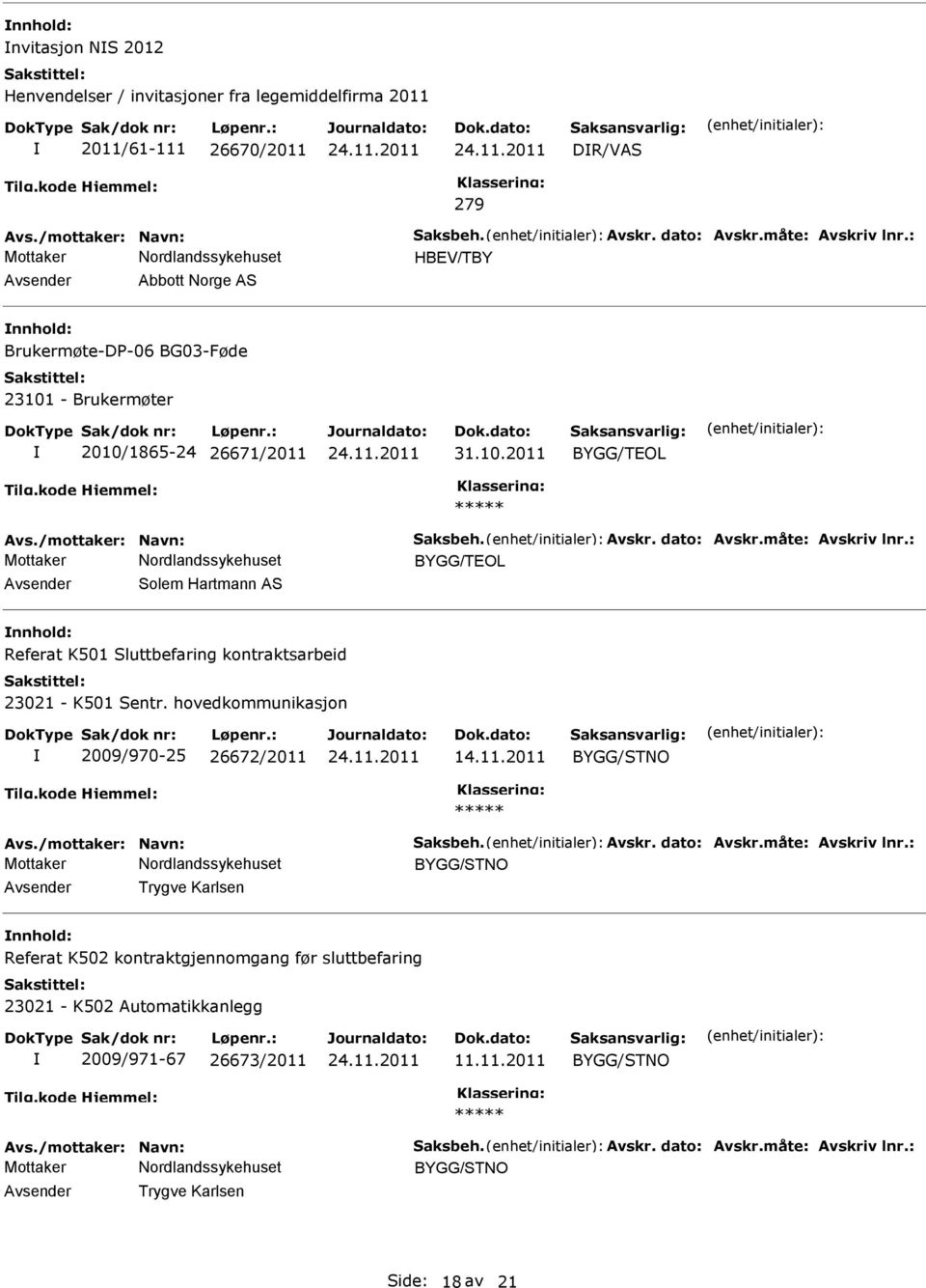 : Solem Hartmann AS Referat K501 Sluttbefaring kontraktsarbeid 23021 - K501 Sentr. hovedkommunikasjon 2009/970-25 26672/2011 14.11.2011 Avs./mottaker: Navn: Saksbeh. Avskr. dato: Avskr.