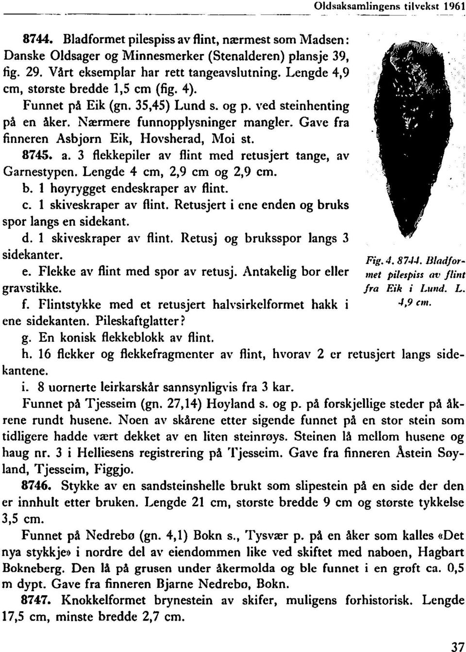 8745. a. 3 flekkepiler av flint med retusjert tange, av Garnestypen. Lengde 4 cm, 2,9 cm og 2,9 cm. b. 1 høyrygget endeskraper av flint. c.1skiveskraper av flint.