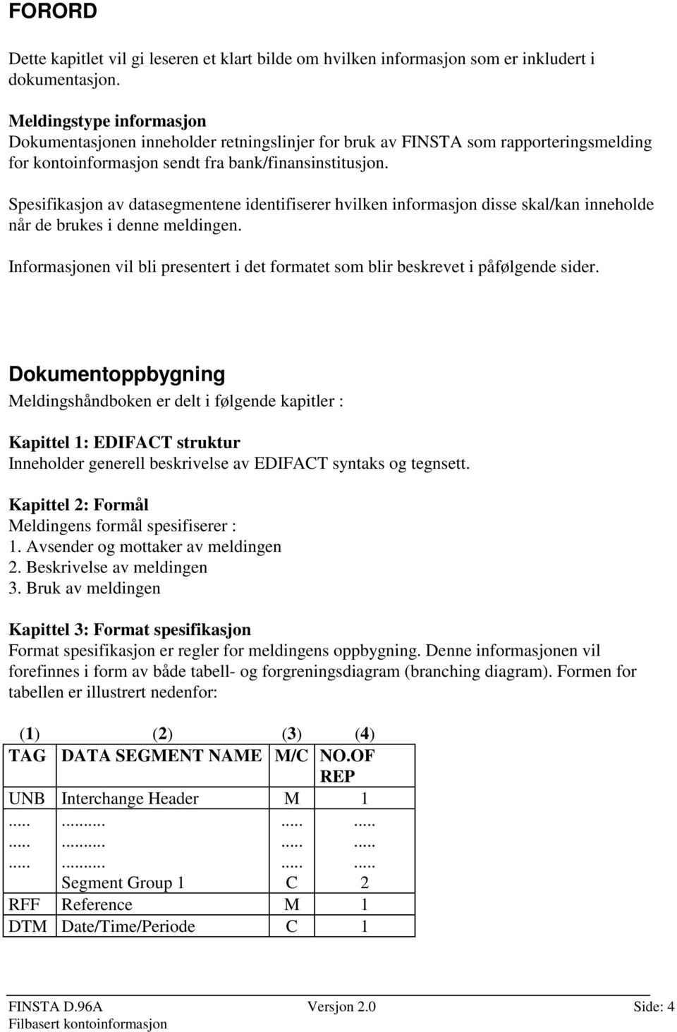 Spesifikasjon av datasegmentene identifiserer hvilken informasjon disse skal/kan inneholde når de brukes i denne meldingen.