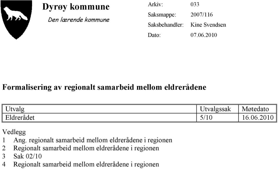 2010 Formalisering av regionalt samarbeid mellom eldrerådene Utvalg Utvalgssak Møtedato Eldrerådet