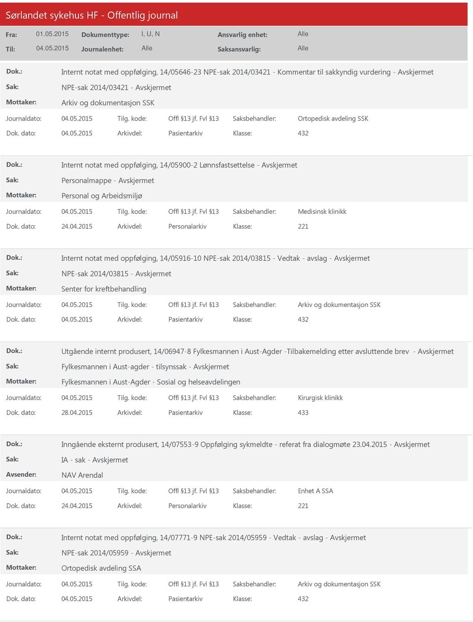 2015 Arkivdel: Personalarkiv Internt notat med oppfølging, 14/05916-10 NPE-sak 2014/03815 - Vedtak - avslag - NPE-sak 2014/03815 - Senter for kreftbehandling Arkiv og dokumentasjon SSK Dok.