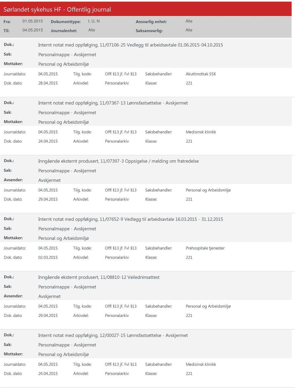 dato: 29.04.2015 Arkivdel: Personalarkiv Internt notat med oppfølging, 11/07652-9 Vedlegg til arbeidsavtale 16.03.