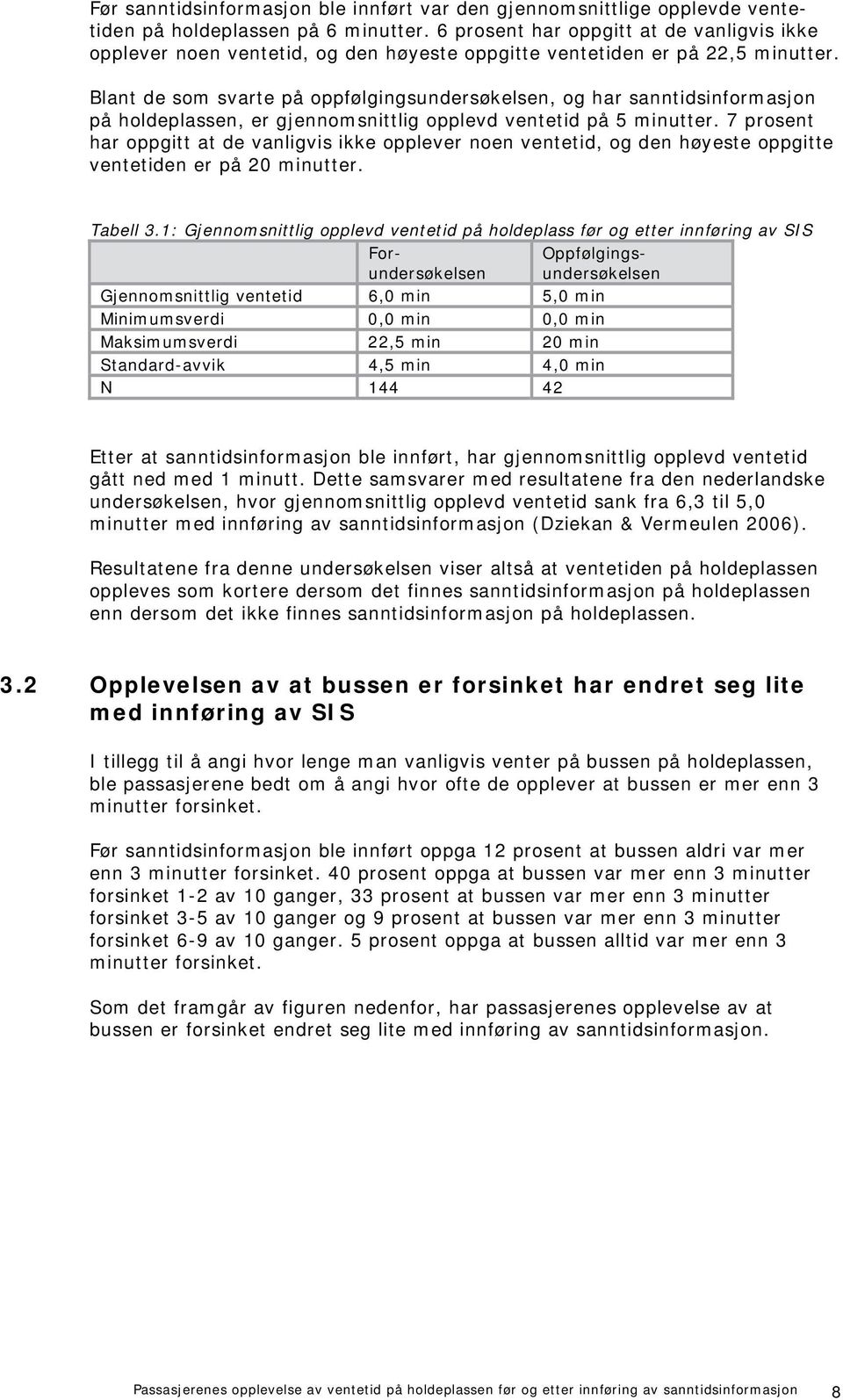 Blant de som svarte på oppfølgingsundersøkelsen, og har sanntidsinformasjon på holdeplassen, er gjennomsnittlig opplevd ventetid på 5 minutter.