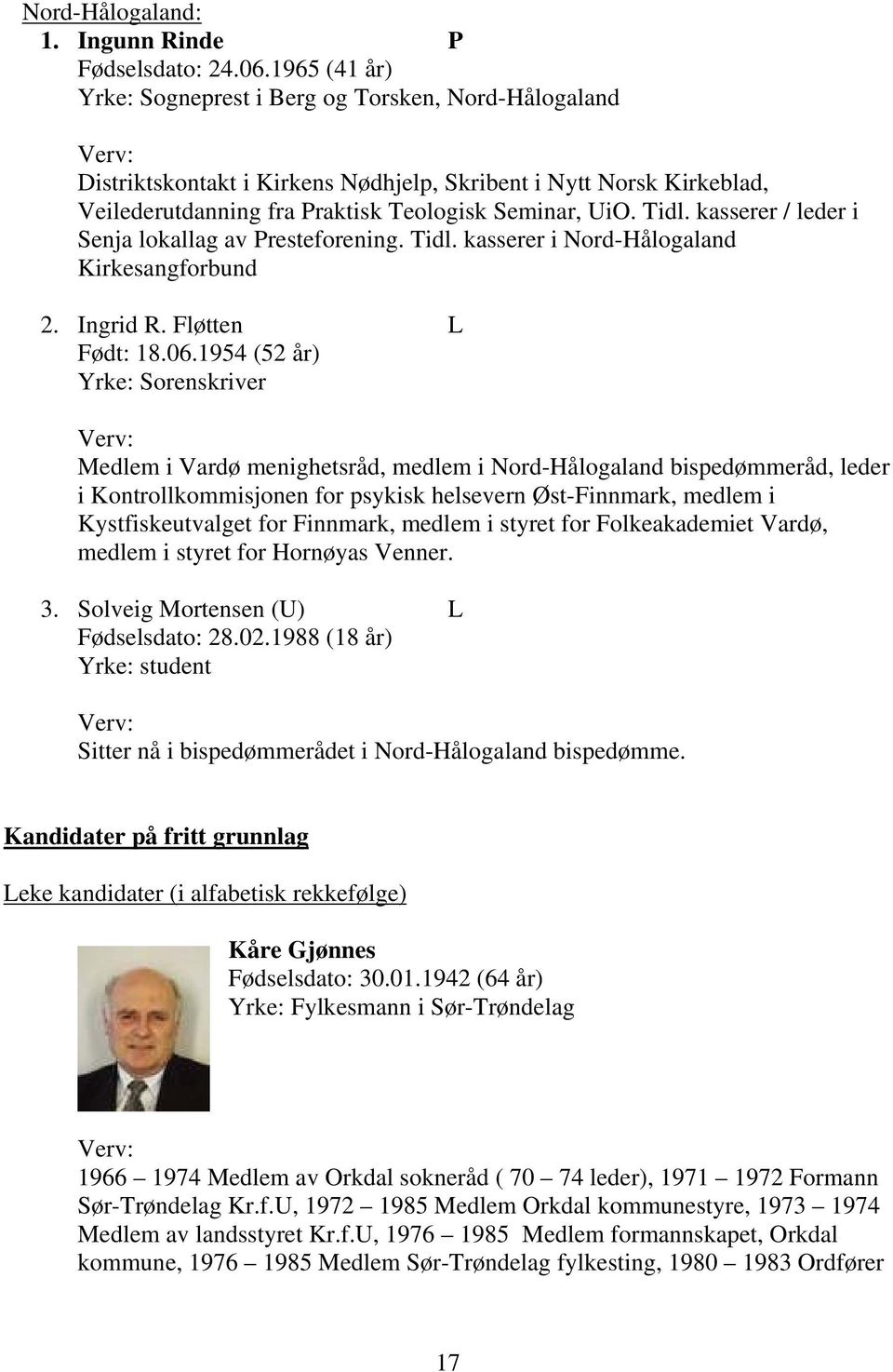 kasserer / leder i Senja lokallag av Presteforening. Tidl. kasserer i Nord-Hålogaland Kirkesangforbund 2. Ingrid R. Fløtten L Født: 18.06.