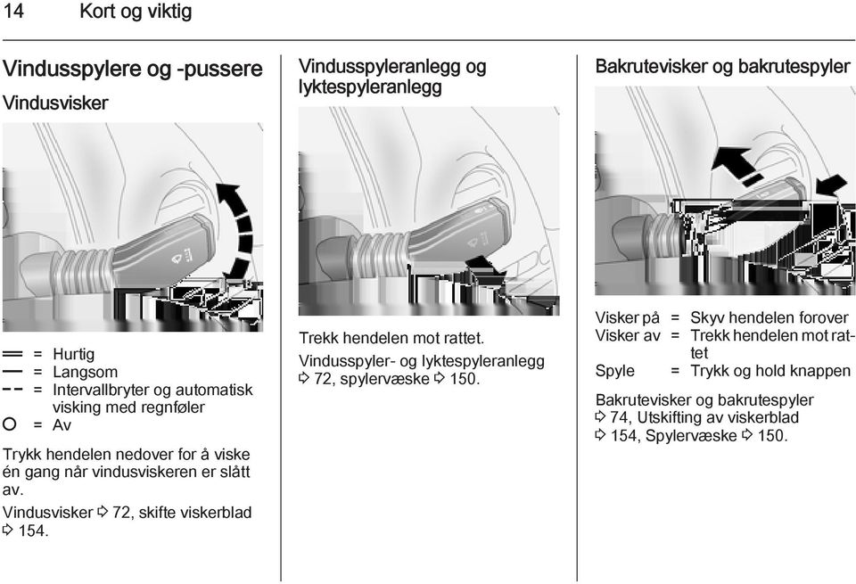 Vindusvisker 3 72, skifte viskerblad 3 154. Trekk hendelen mot rattet. Vindusspyler- og lyktespyleranlegg 3 72, spylervæske 3 150.