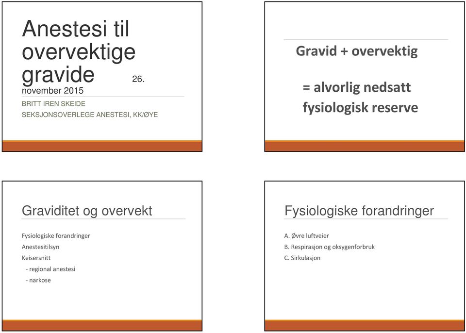 alvorlig nedsatt fysiologisk reserve Graviditet og overvekt Fysiologiske forandringer