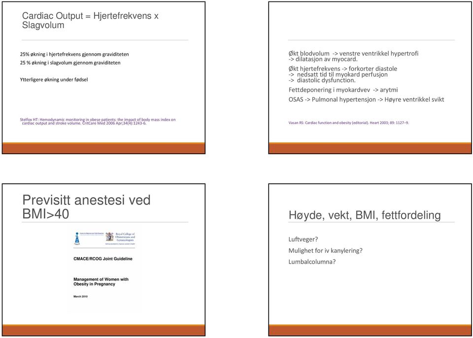 Fettdeponering i myokardvev > arytmi OSAS > Pulmonal hypertensjon > Høyre ventrikkel svikt Stelfox HT: Hemodynamic monitoring in obese patients: the impact of body mass index on cardiac output