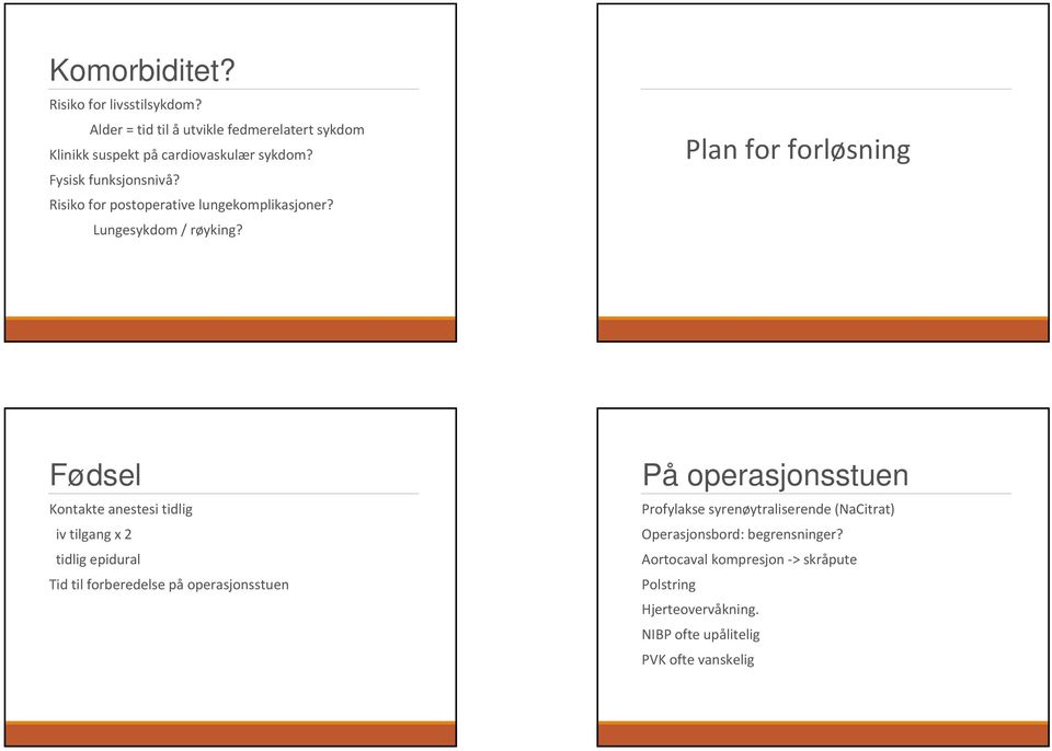 Plan for forløsning Fødsel Kontakte anestesi tidlig iv tilgang x 2 tidlig epidural Tid til forberedelse på operasjonsstuen På