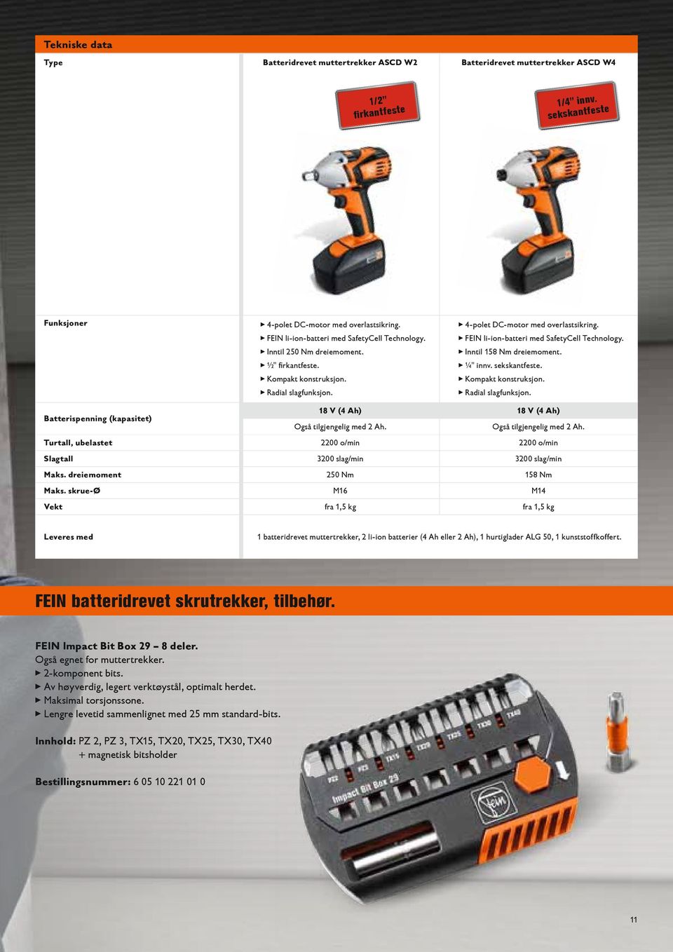 FEIN li-ion-batteri med SafetyCell Technology. Inntil 158 Nm dreiemoment. ¼" innv. sekskantfeste. Kompakt konstruksjon. Radial slagfunksjon.