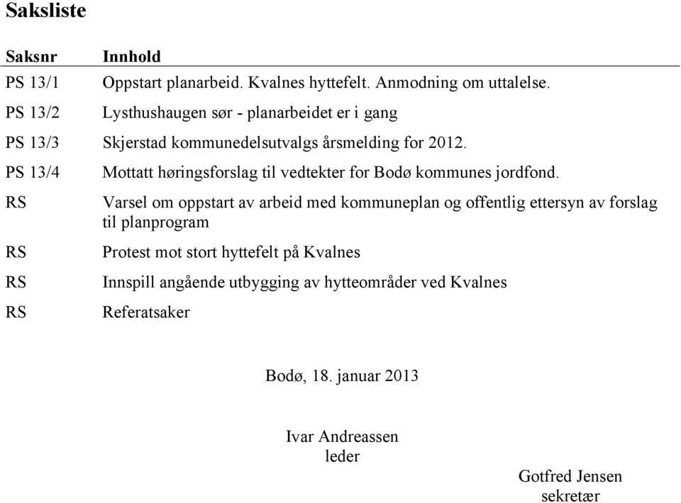 PS 13/4 RS RS RS RS Mottatt høringsforslag til vedtekter for Bodø kommunes jordfond.