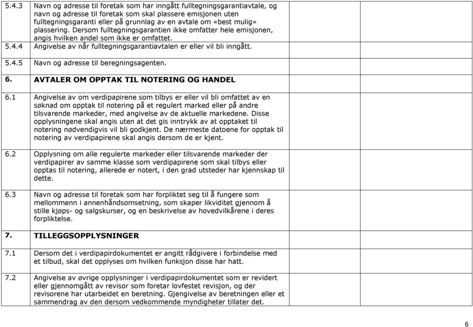 4 Angivelse av når fulltegningsgarantiavtalen er eller vil bli inngått. 5.4.5 Navn og adresse til beregningsagenten. 6. AVTALER OM OPPTAK TIL NOTERING OG HANDEL 6.