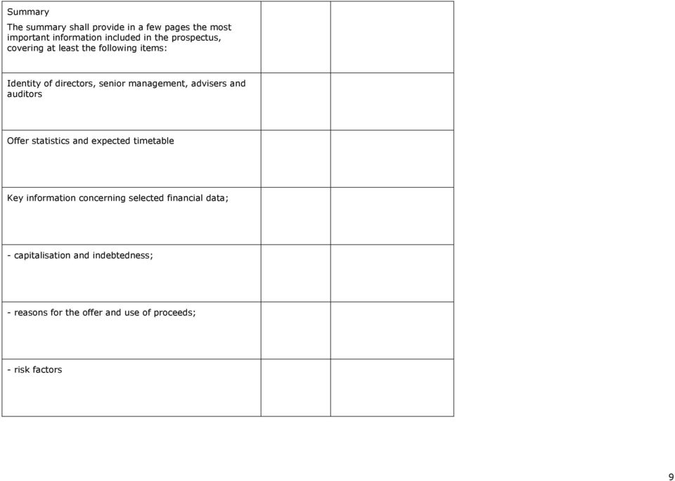 advisers and auditors Offer statistics and expected timetable Key information concerning selected