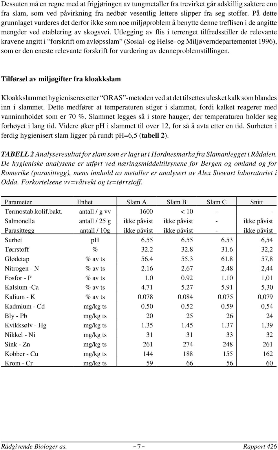 Utlegging av flis i terrenget tilfredsstiller de relevante kravene angitt i forskrift om avløpsslam (Sosial- og Helse- og Miljøverndepartementet 1996), som er den eneste relevante forskrift for