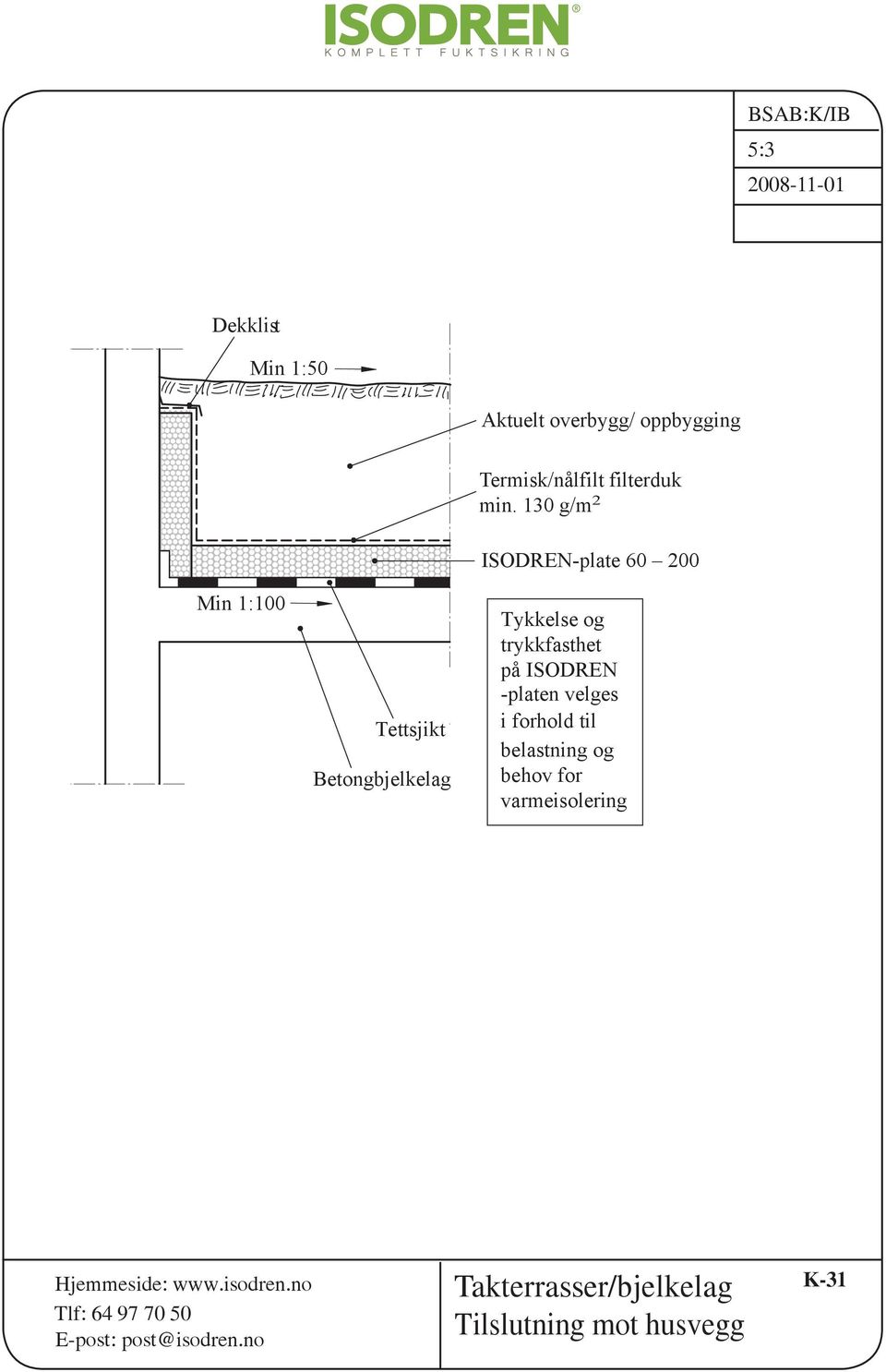 130 g/m 2 Min 1:100 Betongbjelkelag ISODREN-plate 60 200 Tykkelse og