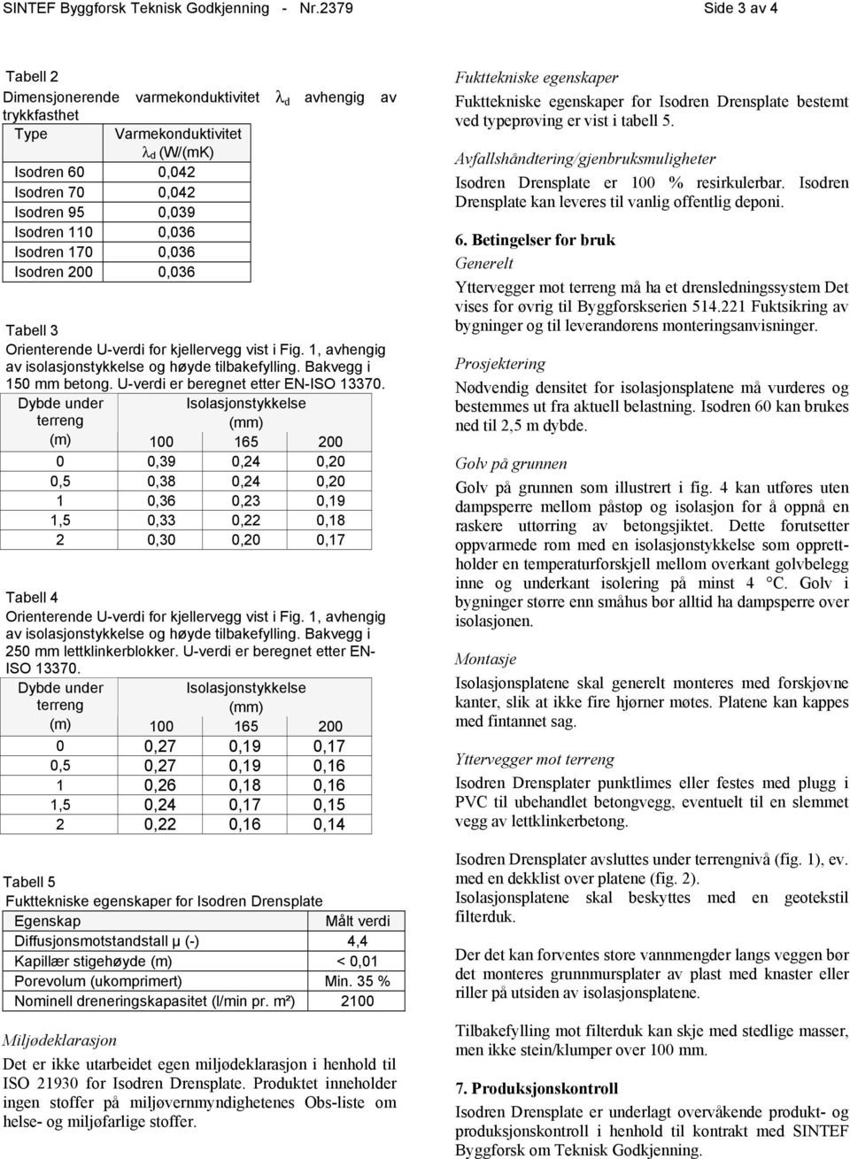 Isodren 170 0,036 Isodren 200 0,036 Tabell 3 Orienterende U-verdi for kjellervegg vist i Fig. 1, avhengig av isolasjonstykkelse og høyde tilbakefylling. Bakvegg i 150 mm betong.